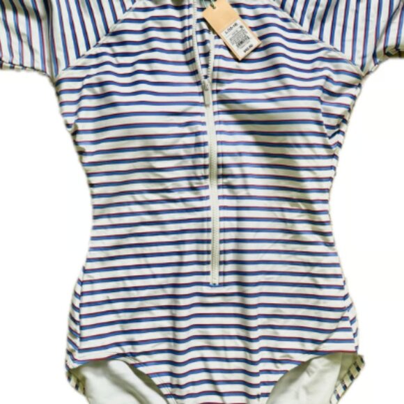 Kona Sol Red White Blue Stripe Rash Guard Full Coverage Swimsuit W Zip Size M - Picture 1 of 4